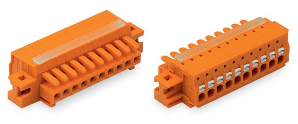 Orange elektrische Anschlüsse mit mehreren Schlitzen und Verriegelungsmechanismus, die für sichere Kabelverbindungen verwendet werden, vor einem weißen Hintergrund.
