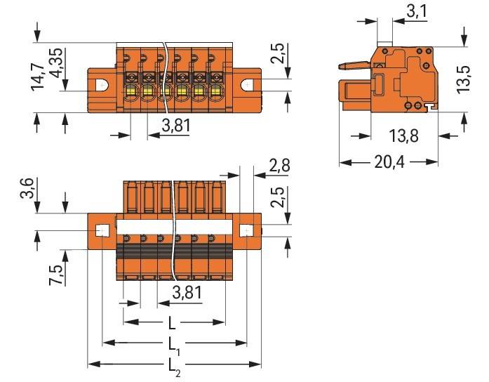 Technische Zeichnung eines orangefarbenen Anschlussblocks mit Maßangaben für Breite (3,81), Höhe (4,35) und Tiefe (20,4) in Millimetern.