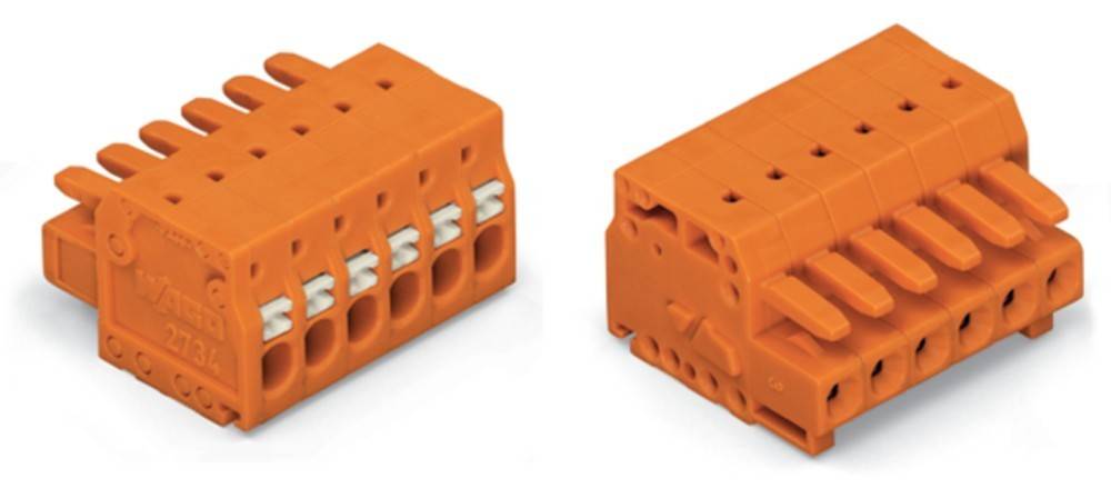 Orange elektrische Anschlussklemmen mit mehreren Anschlusspunkten für Verkabelung. Geeignet für industrielle oder komplexe elektrische Verbindungen.