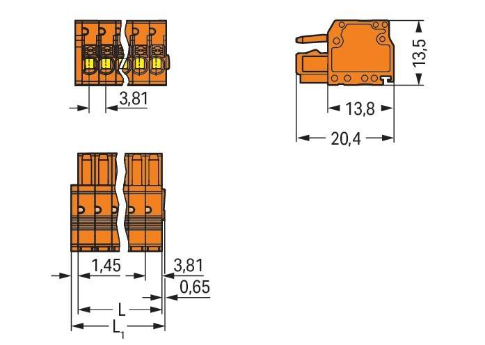 Technische Zeichnung mit Abmessungen und Anordnung eines elektrischen Steckverbinders, einschließlich Messungen: 3,81, 13,8, 20,4, 1,45, 3,81, 0,61.