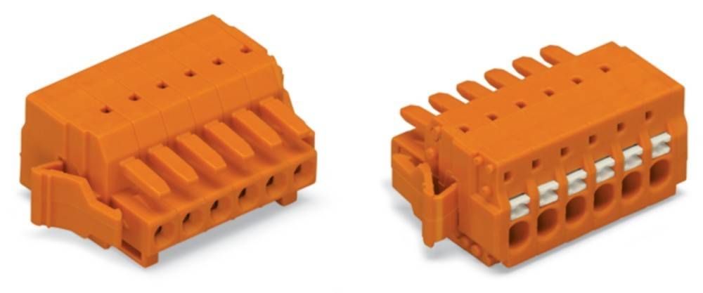 Zwei orangefarbene Kunststoffverbinder mit verschiedenen Stiften und Löchern, für industrielle oder elektrische Anwendungen konzipiert, auf einem weißen Hintergrund platziert.