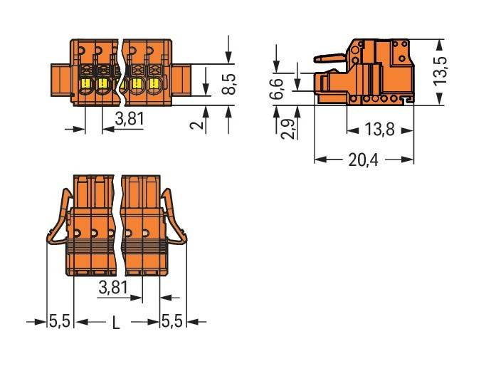 Technische Zeichnung eines orangefarbenen elektrischen Steckverbinders mit in Millimetern beschrifteten Abmessungen. Ansichten umfassen Vorder-, Seiten- und Draufsicht.