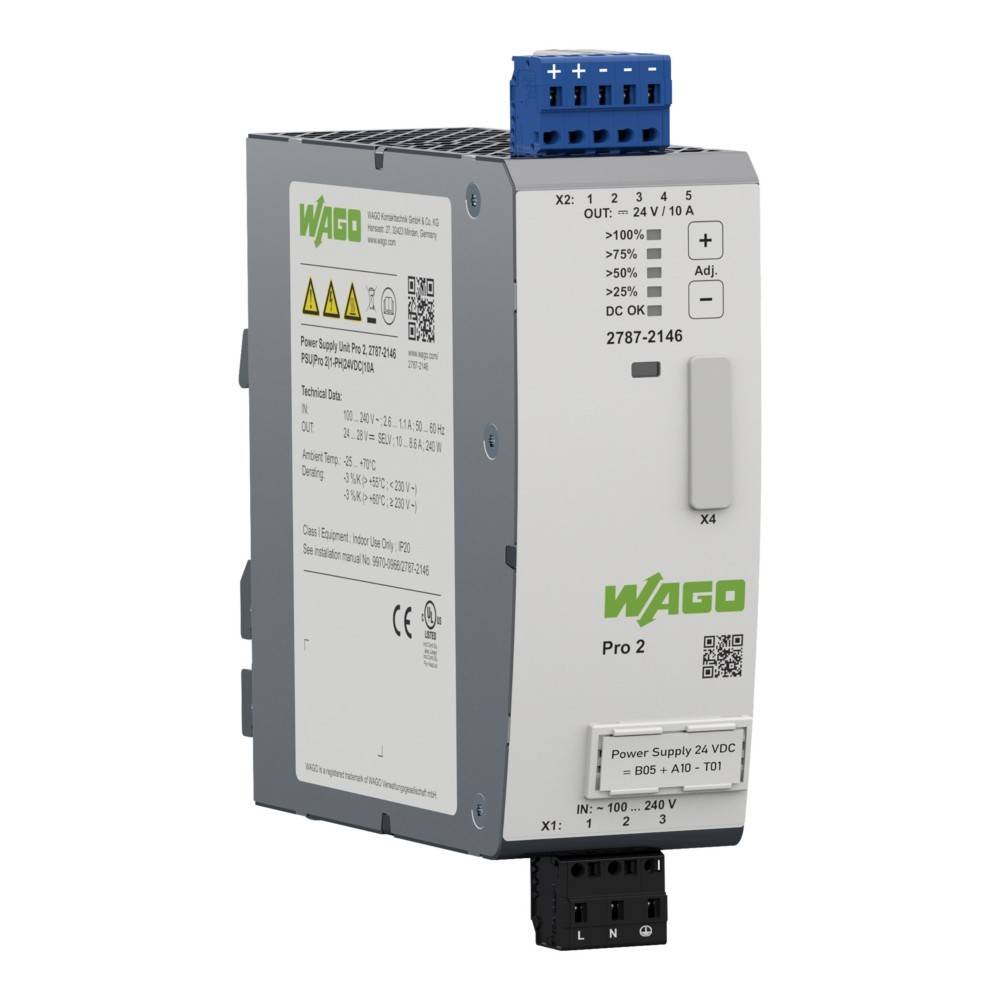 WAGO Pro 2 Netzteil, Modell 2787-2146, zeigt Eingangs-/Ausgangsspezifikationen und Anschlüsse für industrielle Automatisierungssysteme.