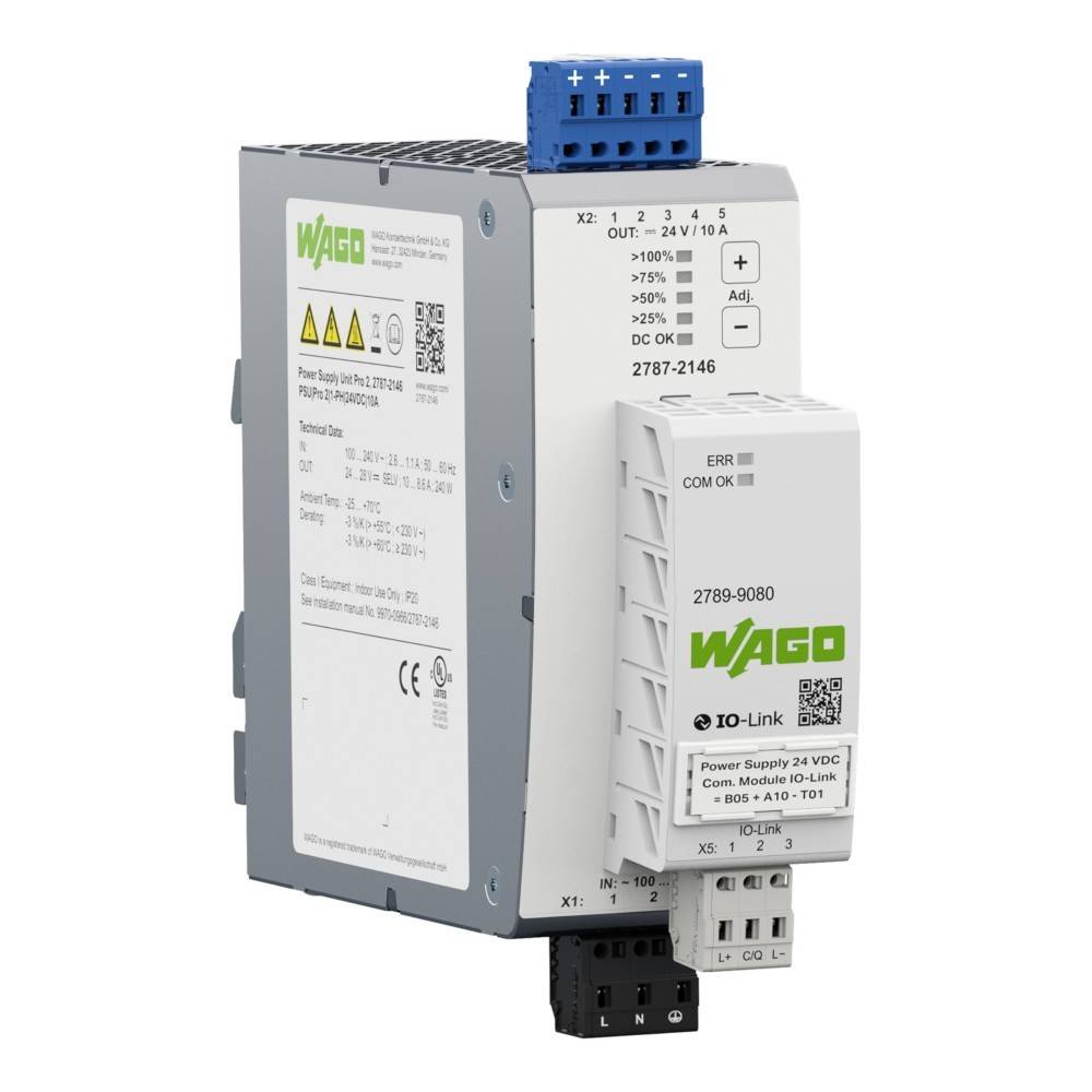 Eine kompakte industrielle Stromversorgungseinheit mit modularem Design, ausgestattet mit WAGO-Branding, digitaler Anzeige und beschrifteten Ein- und Ausgängen.