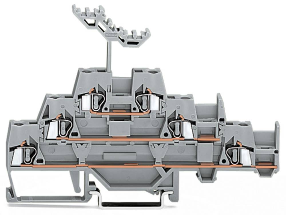 Ein kompakter, grauer Klemmenblock mit mehreren Anschlusspunkten und einem Metallleiter, konzipiert für elektrische Systeme.