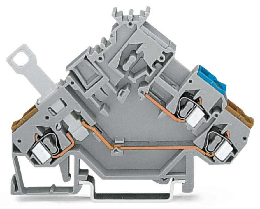 Ein grauer und orangefarbener elektrischer Reihenklemmenblock mit mehreren Anschlusspunkten, der interne Verdrahtung und Komponenten zeigt.