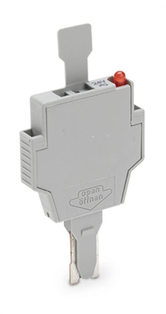 Eine graue elektrische Komponente, beschriftet mit 'open offnan', mit einem roten Knopf, wahrscheinlich zur Steuerung oder Installation innerhalb eines Stromsystems verwendet.