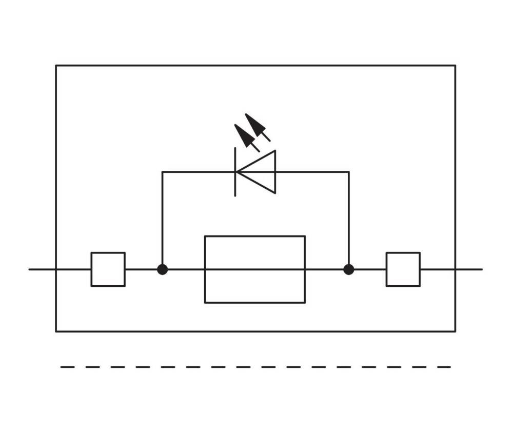 Elektronisches Schaltkreisdiagramm mit einem Diodesymbol in der Mitte, das mit einer Reihe von Linien und Komponenten verbunden ist und eine Fließrichtung anzeigt.