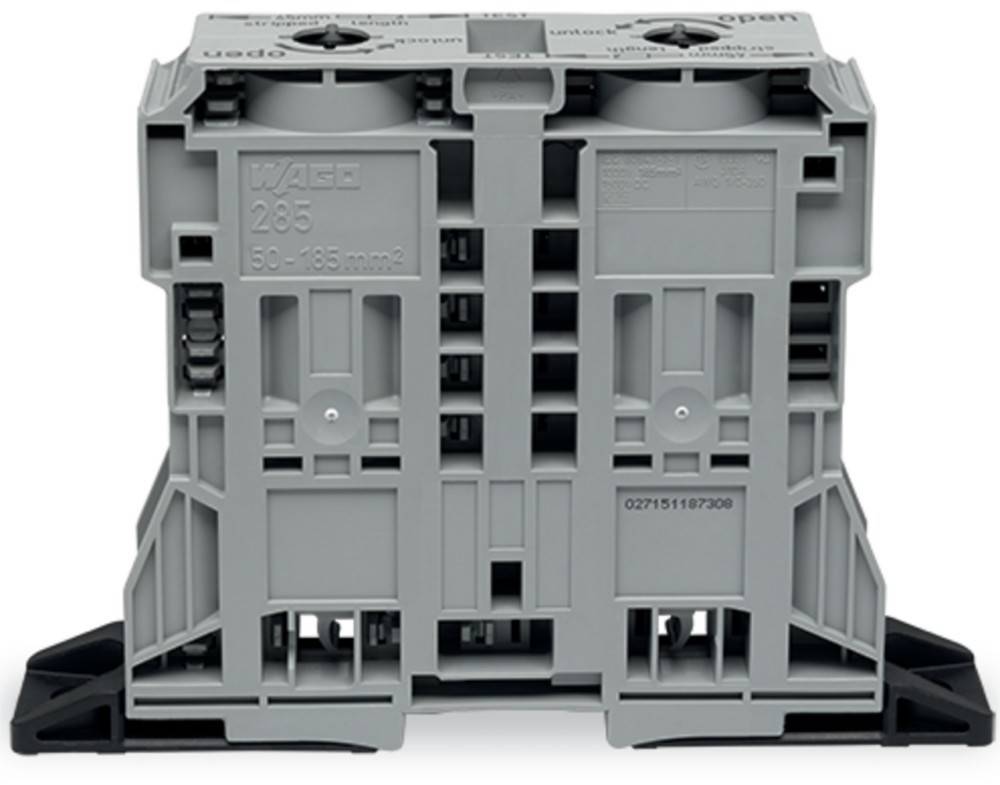 Ein grauer WAGO-Klemmenblock mit dem Etikett '285' und '50 - 150 mm²' ist zu sehen. Der Block wird für elektrische Verbindungen verwendet.