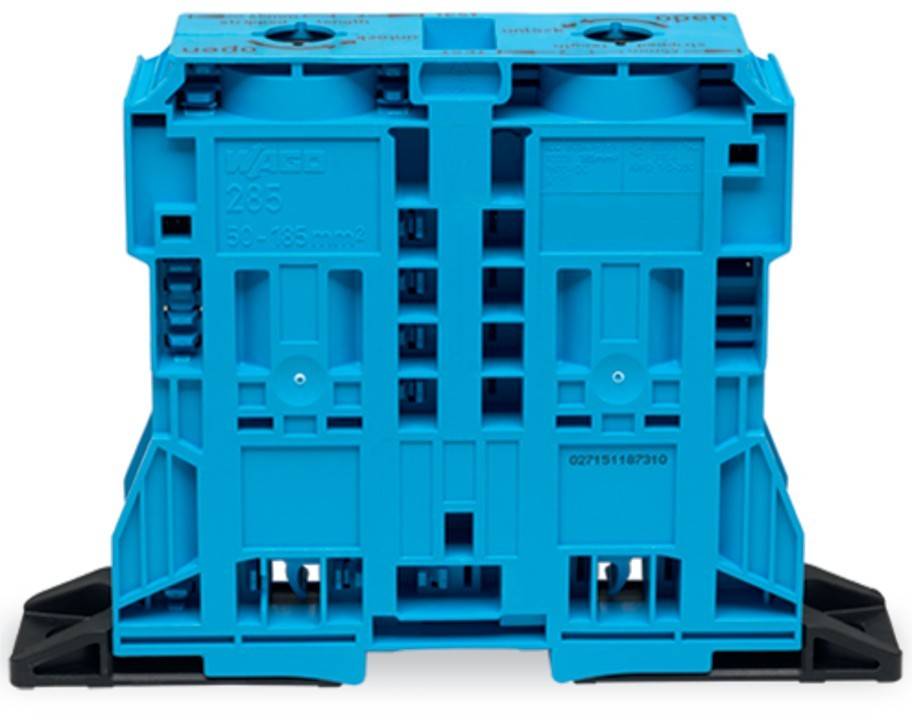 Ein blauer elektrischer Terminalblock mit mehreren Anschlusspunkten, beschriftet mit '285' und '50-185 mm²'. Er hat eine strukturierte, rechteckige Gestaltung.