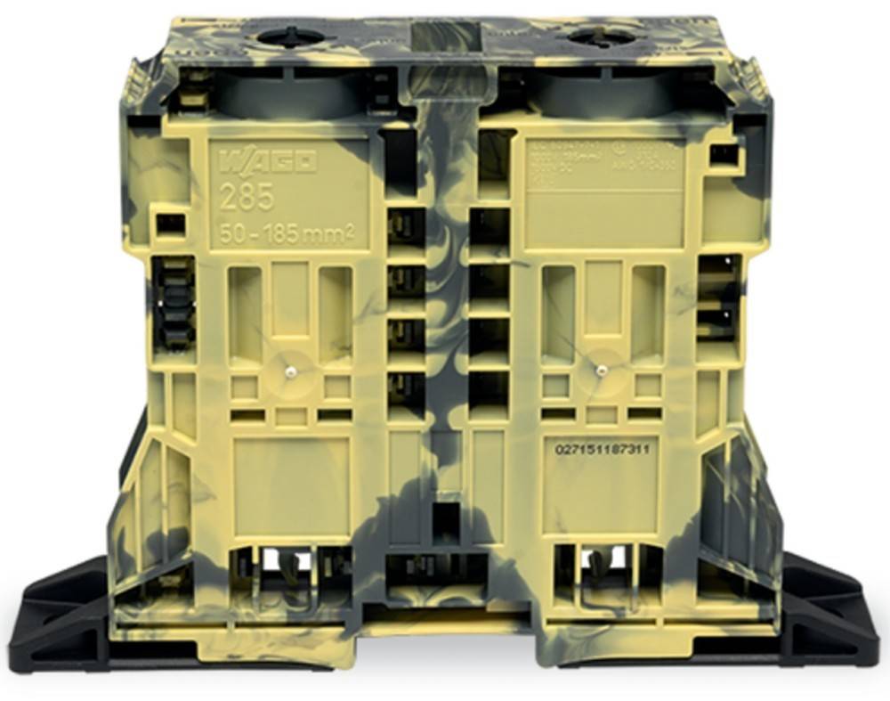 Ein Elektroanschlussblock mit Tarnmuster, versehen mit dem Etikett 'WAGO 285 50-185 mm²' und einer Seriennummer.
