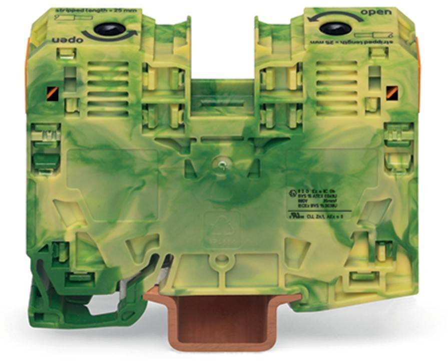 Grüne und braune, camouflage-gemusterte elektrische Komponente mit beschrifteten Anschlüssen und Steckverbindern in geöffneter Position.