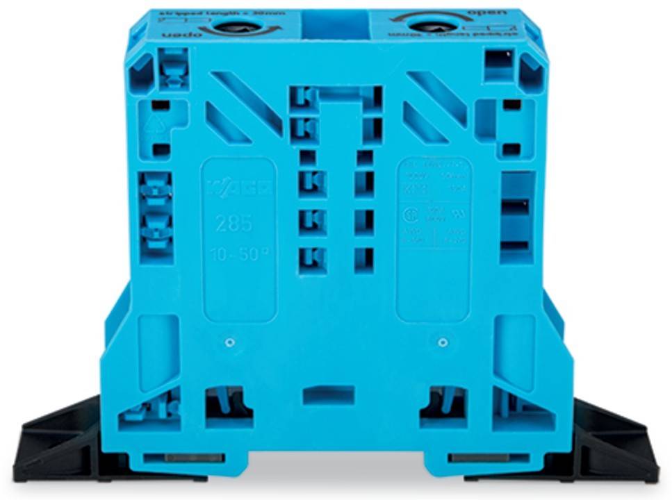 Ein blauer elektrischer Anschlussblock mit verschiedenen Verbindungspunkten und Beschriftungen.