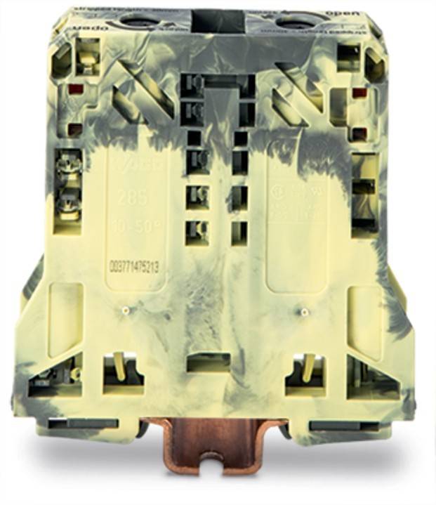 Das Bild zeigt ein gelb-grünes elektrisches Gerät mit Schlitzen und Anschlüssen, das für die Montage auf einer Hutschiene konzipiert ist.