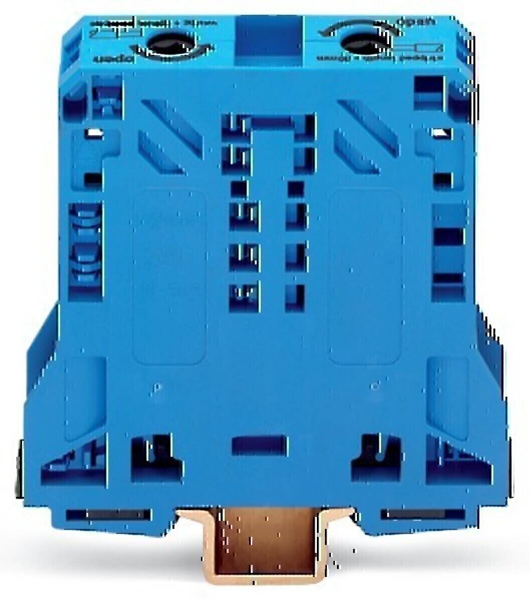 Ein blauer elektrischer Klemmblock mit Schraubpunkten und Verdrahtungsschlitzen zum Anschluss elektrischer Schaltkreise.