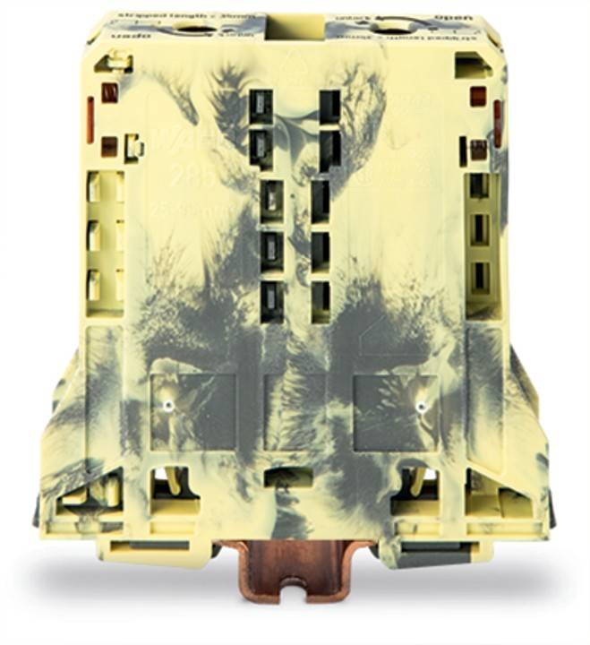 Elektronische Komponente aus der Nahaufnahme mit einem schwarz-gelben marmorierten Muster und sichtbaren Metallkontakten am unteren Rand.