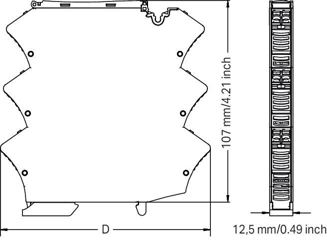 Technische Zeichnung mit einer Komponente und folgenden Abmessungen: Breite 12,5 mm (0,49 Zoll) und Höhe 107 mm (4,21 Zoll).