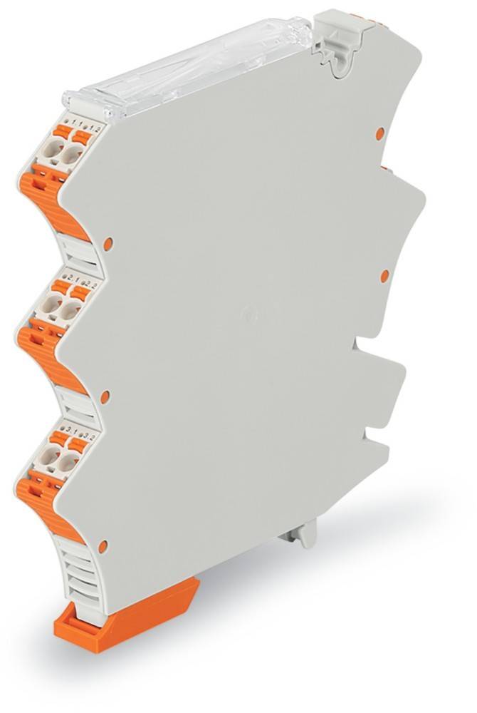 Ein weißer und orangefarbener Klemmenblock mit mehreren Anschlusspunkten, der für elektrische Verdrahtungen in industriellen oder kommerziellen Umgebungen konzipiert ist.