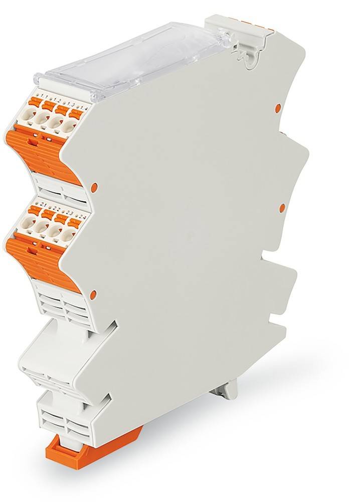 Modulare elektronische Komponente mit mehreren orangefarbenen Anschlüssen, verwendet für elektrische Schaltkreise, mit kompaktem, stapelbarem Design.