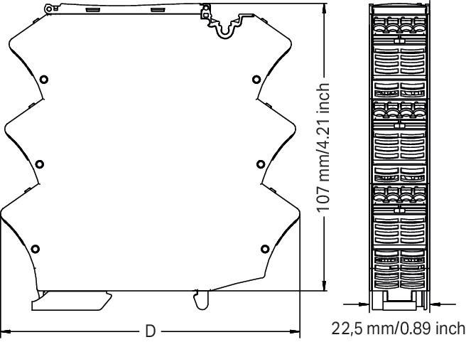 Diagramm mit einer Seitenansicht einer elektrischen Komponente mit einer Höhe von 107 mm (4,21 Zoll) und einer Breite von 22,5 mm (0,89 Zoll).