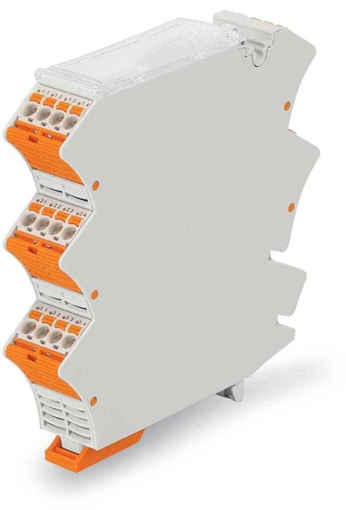 Ein weißer elektrischer Anschlussblock mit orangefarbenen Hebel-Anschlüssen, verwendet zum Verdrahten mehrerer Schaltkreise, von der Seite dargestellt.