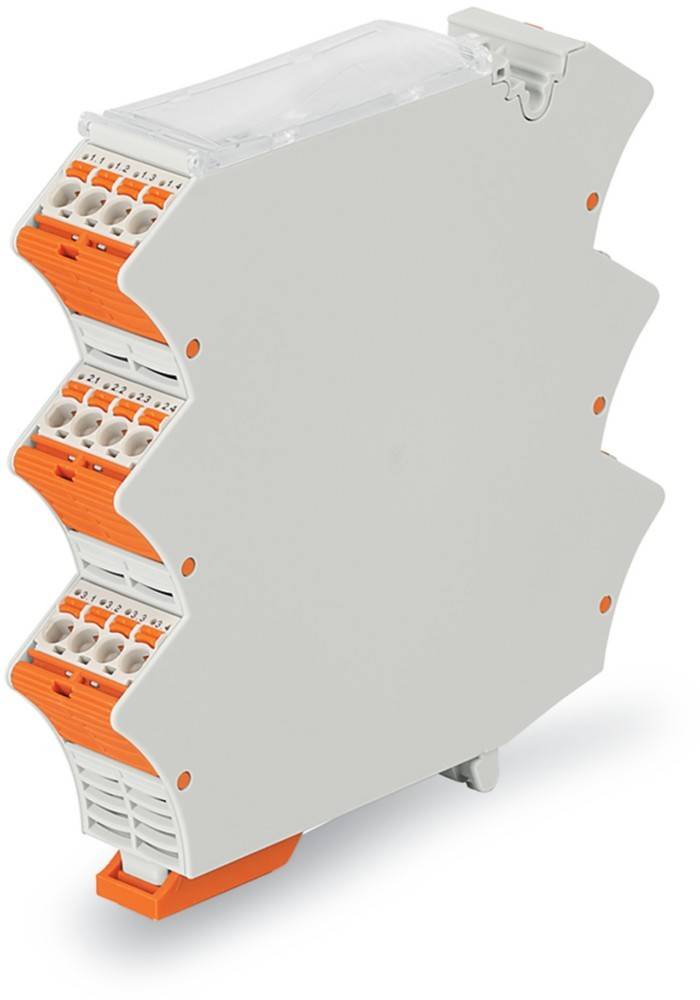 Ein Klemmenblock mit mehreren Anschlusspunkten, in einem orange-weißen Design. Geeignet für elektrische Verkabelungsanwendungen.
