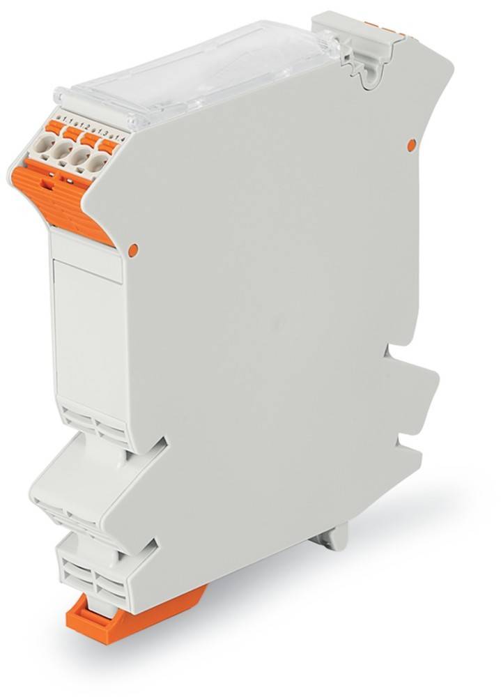 Ein weißer Terminalblock mit einem orangefarbenen Anschlussbereich und nummerierten Rillen an der Oberkante, der für elektrische Kabelverbindungen verwendet wird.