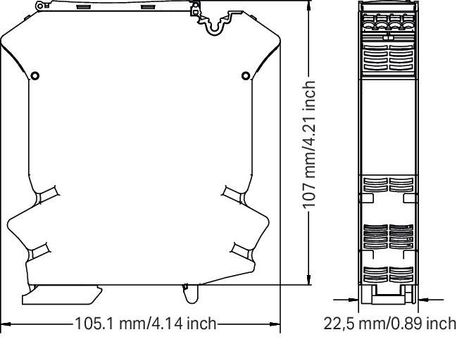 Eine technische Zeichnung mit Abmessungen eines rechteckigen Geräts. Hauptmaße: 107 mm (4,21 Zoll) Höhe, 105,1 mm (4,14 Zoll) Breite, 22,5 mm Tiefe.