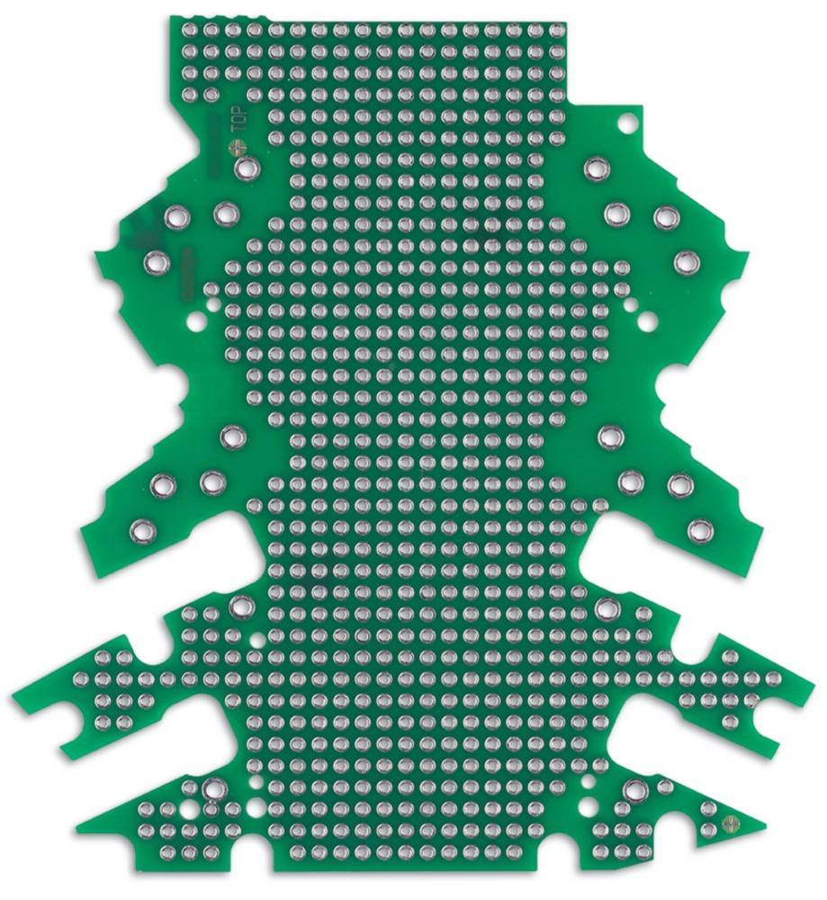 Eine grüne Leiterplatte in symmetrischem Design mit mehreren Verbindungspunkten, die einem komplexen geometrischen Muster ähnelt.