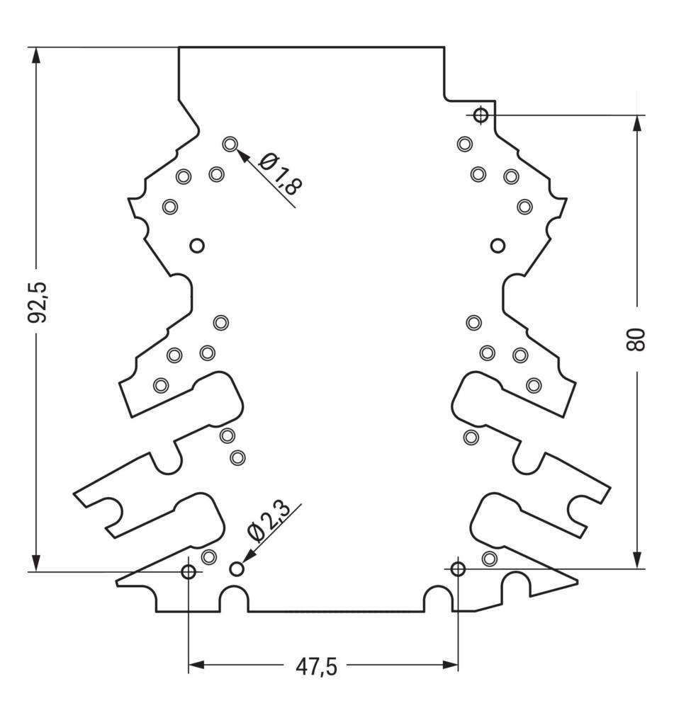 Technische Zeichnung einer Metallhalterung mit beschrifteten Abmessungen: Höhe 92,5 mm, Breite 47,5 mm und Lochduchmesser 18 mm und 23 mm.