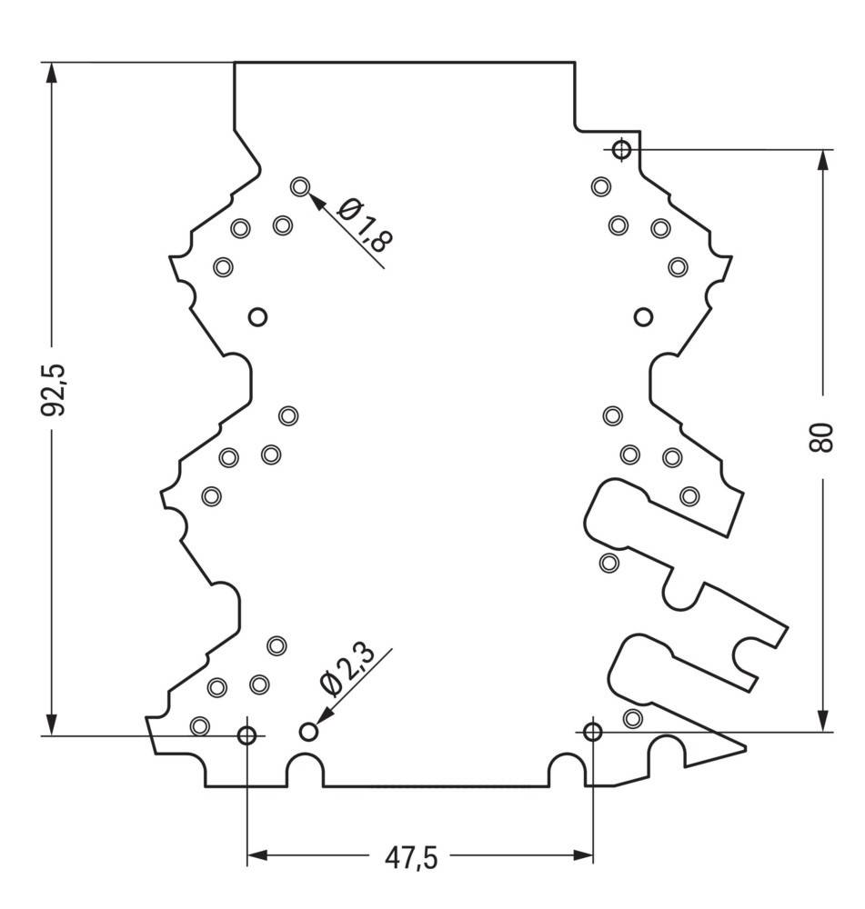 Diagramm eines Metallhalters mit Abmessungen. Höhe: 92,5 mm, Breite: 47,5 mm. Lochdurchmesser sind 1,8 mm und 2,3 mm.