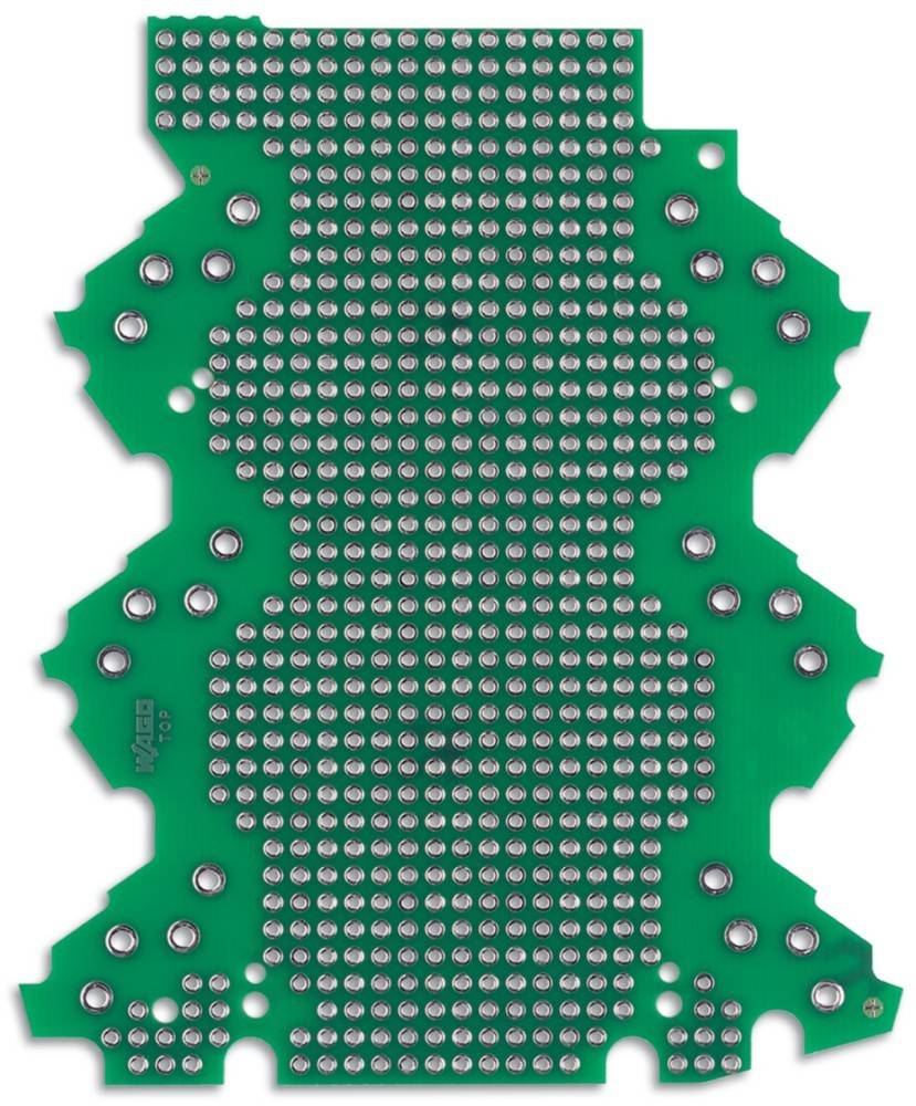 Eine grüne Leiterplatte mit einer symmetrischen Anordnung von kleinen, metallischen Anschlusspunkten, die im Zentrum dicht gedrängt angeordnet sind, vor einem weißen Hintergrund.