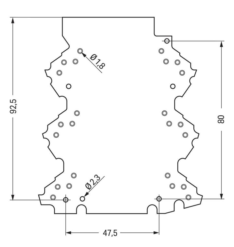 Technische Zeichnung eines mechanischen Bauteils mit Abmessungen: Höhe 92,5 mm und Breite 80 mm. Enthält mehrere kreisförmige Löcher, eines gekennzeichnet als Ø 1,8 mm und andere als Ø 2,3 mm.