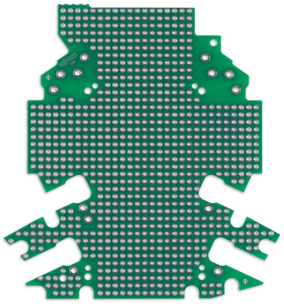 Eine grüne Leiterplatte mit einer einzigartigen, symmetrischen Form und zahlreichen kleinen metallischen Verbindungspunkten.