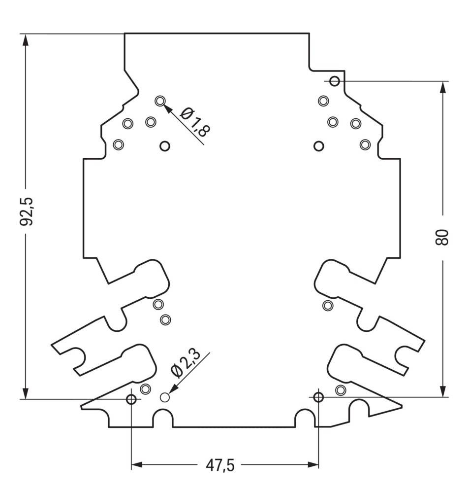Eine technische Zeichnung einer Komponente mit Maßen: 92,5 mm Höhe, 47,5 mm Breite. Enthält Löcher mit Durchmessern von 1,8 mm und 2,3 mm.