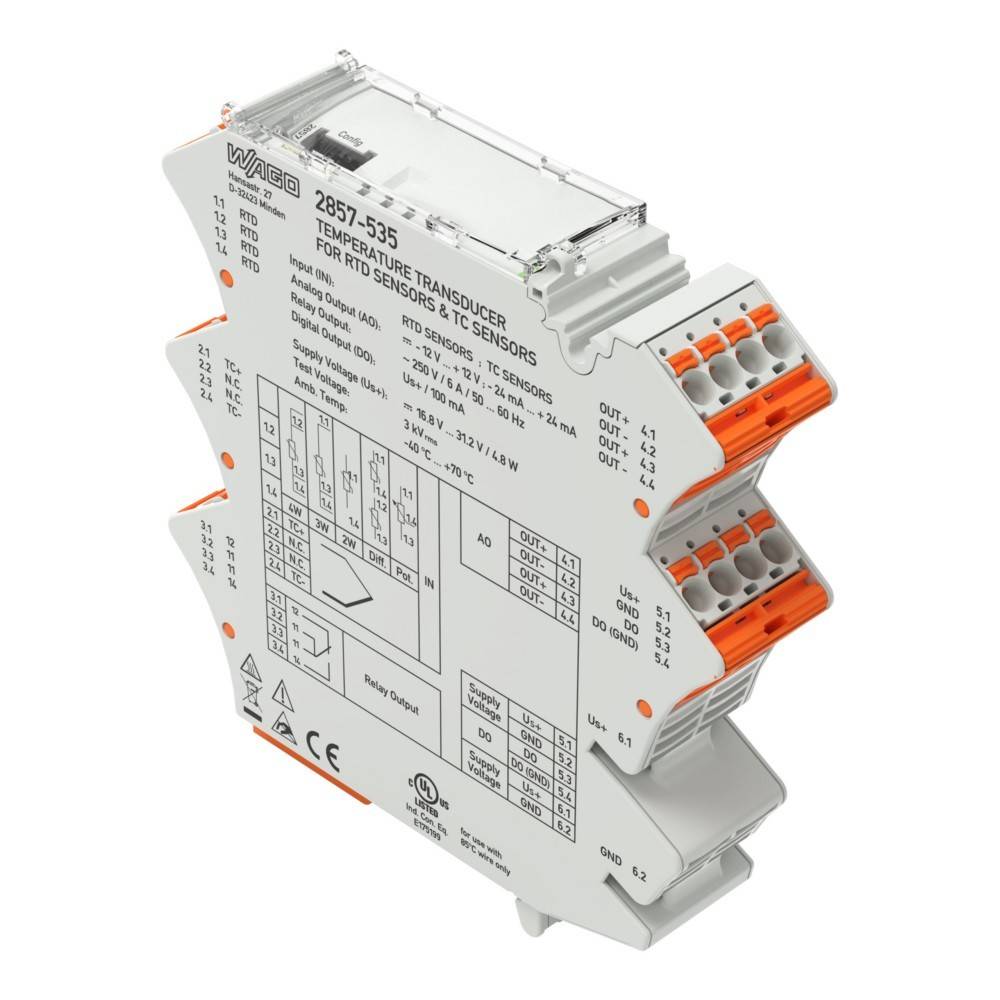 WAGO 2857-535 Temperaturtransducer für Pt100-Sensoren, mit dargestellten Ausgabeverbindungen, technischen Daten und Zertifizierungslogos auf dem Gehäuse.