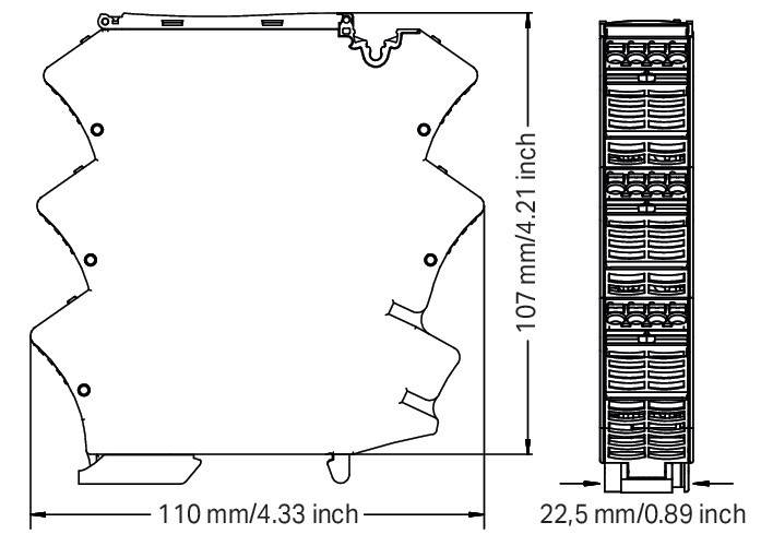 Technische Zeichnung mit Abmessungen eines Geräts: 110 mm/4,33 Zoll Breite, 107 mm/4,21 Zoll Höhe und 22,5 mm Tiefe.