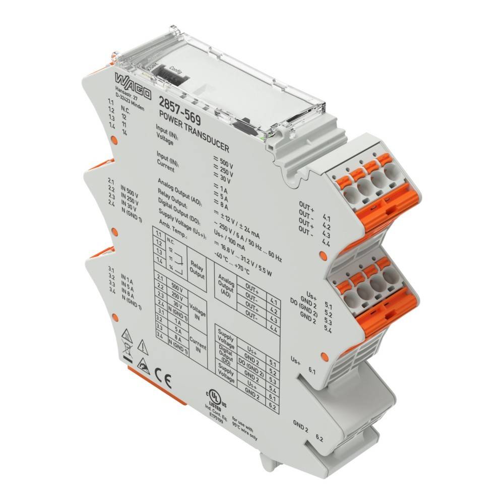 Ein WAGO 2857-569 Leistungswandlermodul mit mehreren Anschlusspunkten, beschrifteten Klemmenblöcken und auf der Oberfläche gedruckten Spezifikationen.