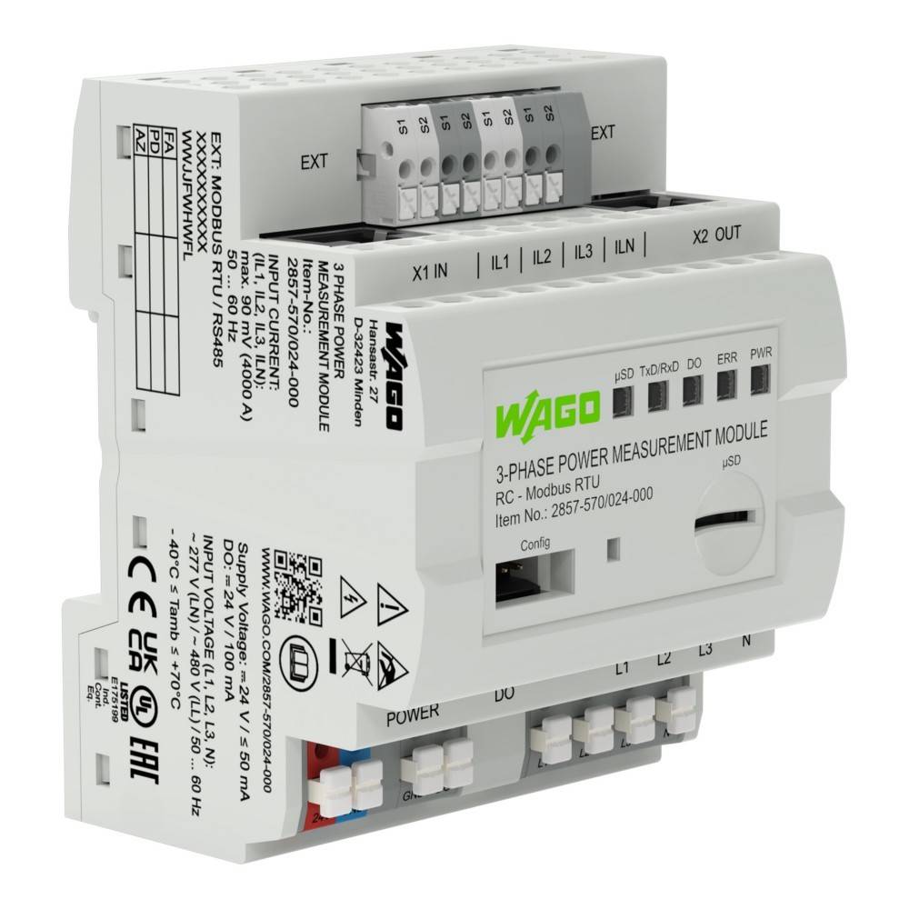 Ein 3-Phasen-Leistungsmessmodul von WAGO, mit Eingängen für IL1, IL2, IL3 und Anschlüssen für Energie- und Datenkonfiguration. Modellnummer sichtbar.