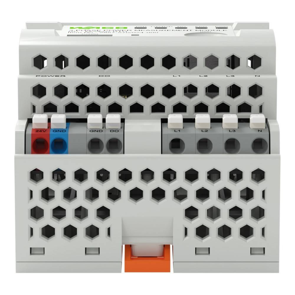 Elektrische Anschlussklemme mit mehreren beschrifteten Anschlüssen für Erdung und Spannungsverbindungen, mit einem sechseckigen Design für Belüftung.
