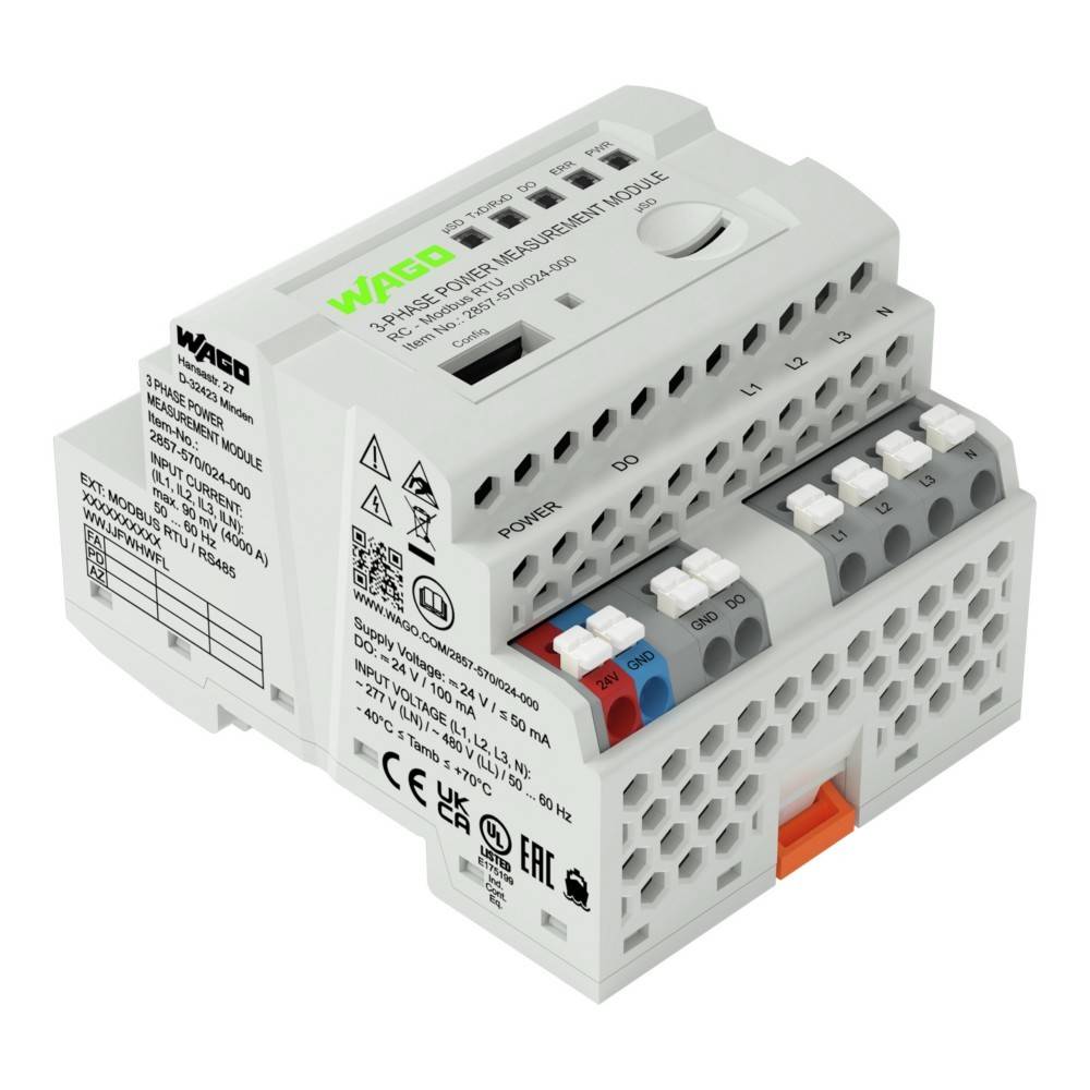 Elektrisches Gerät mit beschrifteten Anschlüssen "Power"", ""D0"", ""E0"", Spannungsspezifikationen und Sicherheitssymbolen. Verwendet für Stromüberwachung.