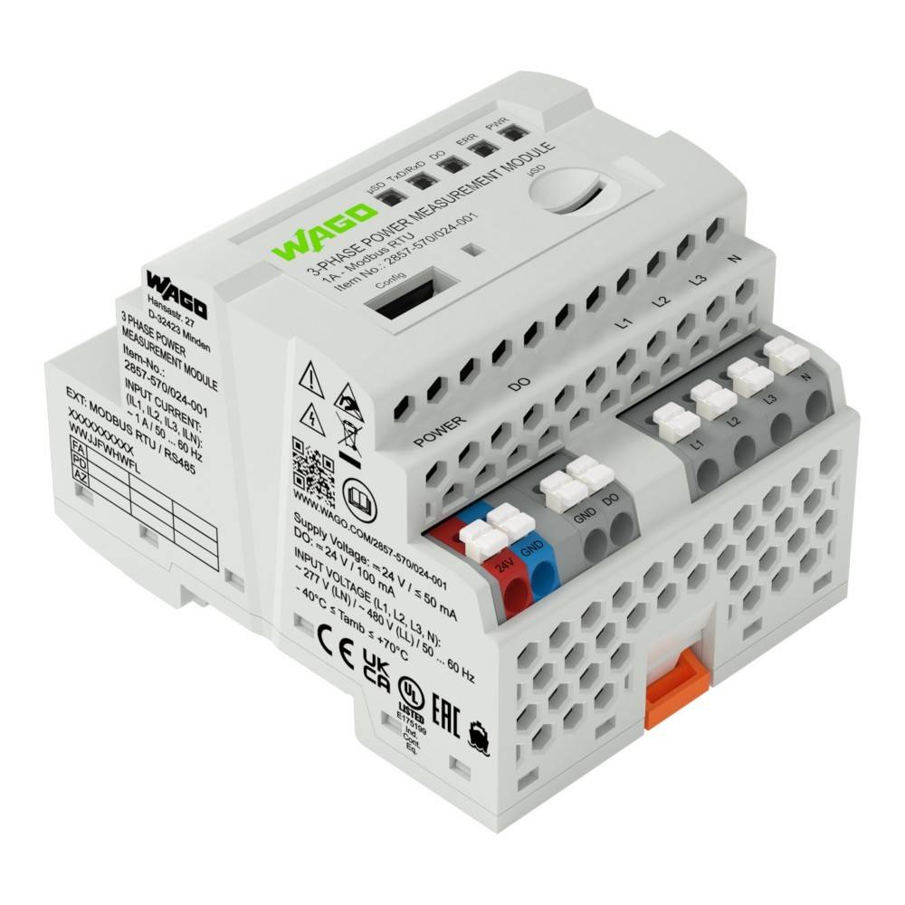 Elektrisches Leistungsmessmodul mit verschiedenen Anschlussports, gekennzeichnet mit 'WAGO', ausgelegt für die Überwachung und Steuerung elektrischer Systeme.
