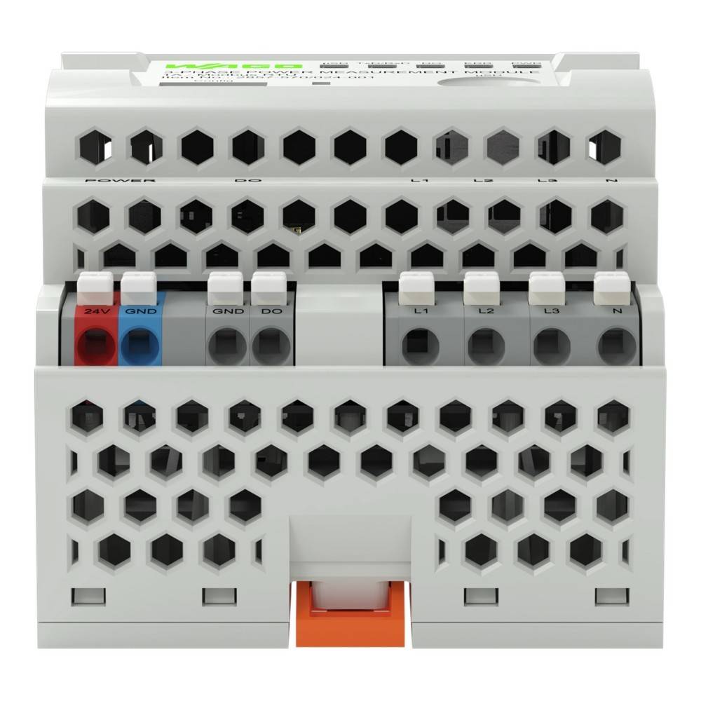 Ein weißes industrielles Steuermodul mit verschiedenen beschrifteten Anschlussports, einschließlich '24V', 'GND', 'L1', 'L2', 'L3' und 'N'.