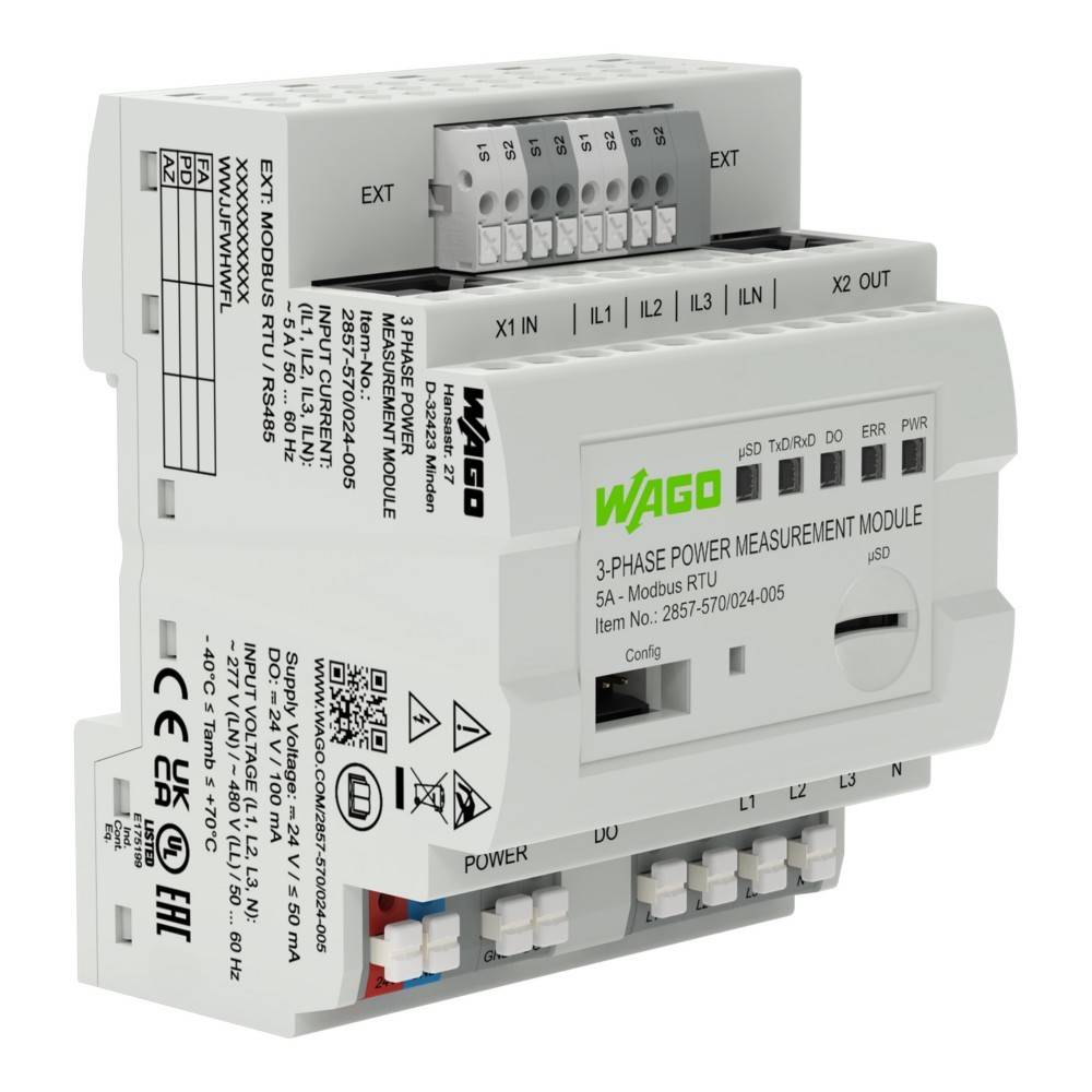 WAGO 3-Phasen-Strommessmodul mit mehreren Anschlussports und beschrifteten Spezifikationen zur Energie-Überwachung und -Steuerung.