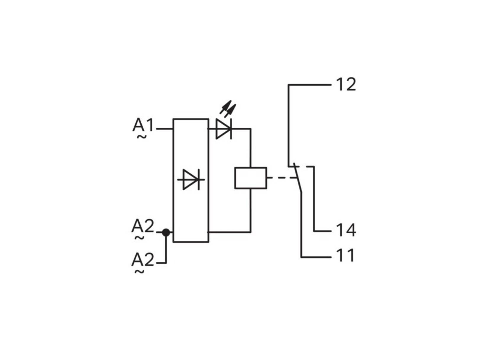 Elektrisches Schaltbild, das ein Relais mit Spulenklemmen (A1 und A2) und Schalterterminals (11, 12 und 14) zeigt.