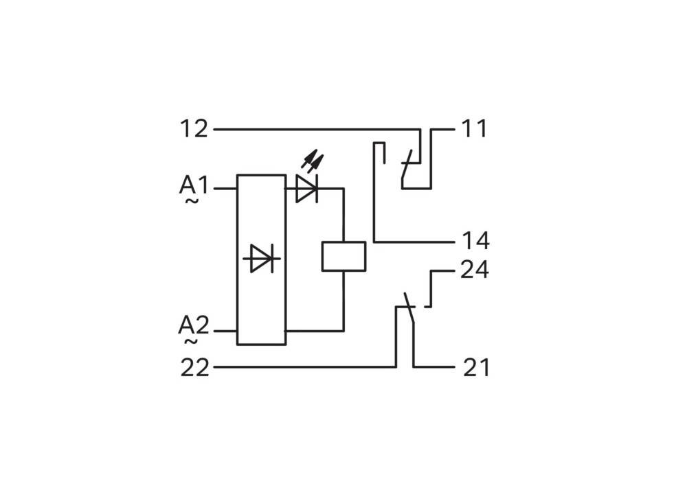 Schematische Darstellung eines elektronischen Relais: Anschlüsse beschriftet mit 11, 12, 14, 21, 22, 24; Komponenten umfassen LEDs und Dioden.