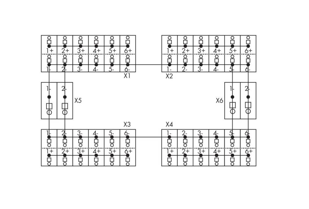 Schematische Darstellung eines Sammelschienenssystems mit beschrifteten Anschlüssen X1, X2, X3, X4, X5, X6; zeigt Anschlüsse 1 bis 6 über verschiedene Komponenten.
