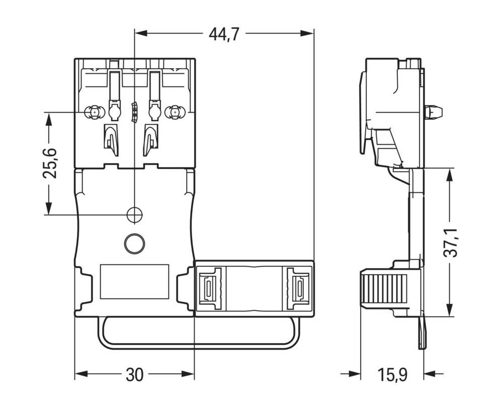 „Technische Zeichnung einer elektrischen Komponente mit Abmessungen: Breite 44,7 mm, Höhe 37,1 mm, Tiefe 15,9 mm, Länge 30 mm.