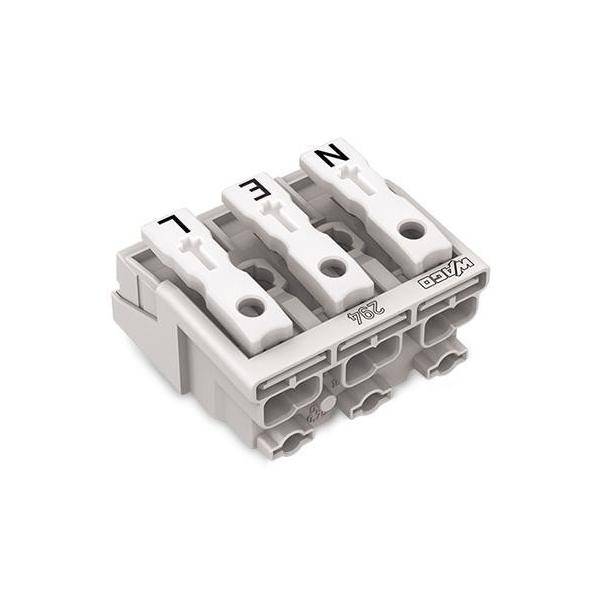 Ein dreiadrige Elektro-Anschlussklemme mit beschrifteten Anschlüssen: 'L', 'N' und 'E'. Der Markenname 'WAGO' ist auf der Klemme sichtbar.