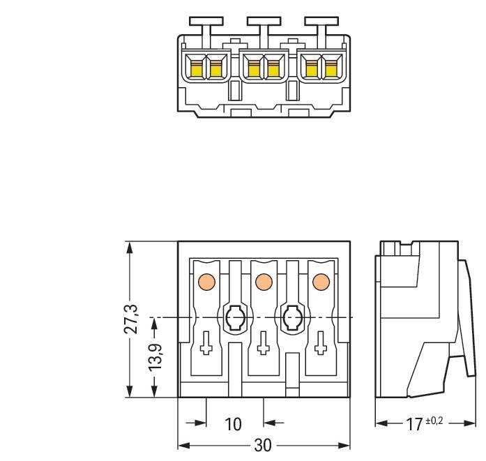 Technische Zeichnung eines 3-Port-Anschlusses, mit Vorder-, Seiten- und Draufsicht und Abmessungen: Höhe 27,3 mm, Breite 30 mm, Tiefe 17 mm.